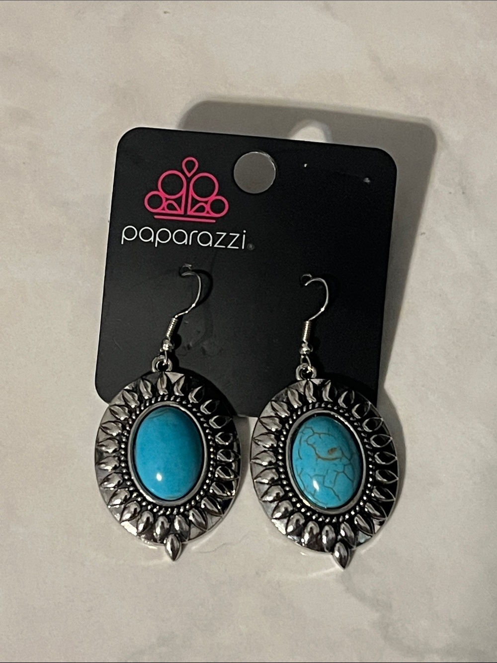 Paparazzi Silver Sunburst Earrings with Turquoise Accent - Blue